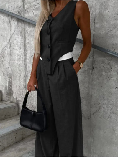 Women's Wide Leg Pant Suits V Neck Button Tanks Tops Pocket Loose Pants Outfits Two Piece Set For Women Irregular 2 Pcs/set 2025