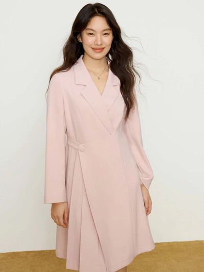 DUSHU【2 Length 2 Color】Women Suit Dress Notched Collar Spring Long Sleeve Pink Dresses Mid-Calf Black Dress 25DS81202+25DS81208