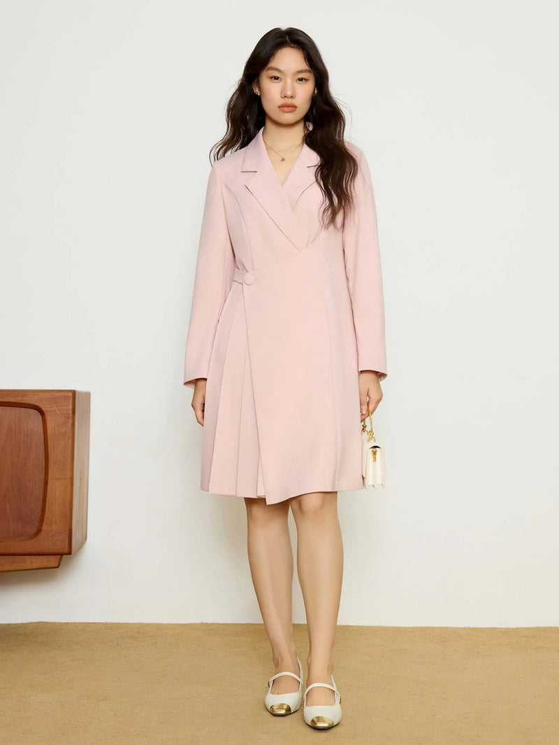 DUSHU【2 Length 2 Color】Women Suit Dress Notched Collar Spring Long Sleeve Pink Dresses Mid-Calf Black Dress 25DS81202+25DS81208