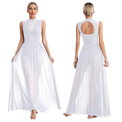 Womens Shiny Rhinestone Lyrical Dance Dress Maxi Dress Mock Neck Sleeveless Tulle Overlay Modern Contemporary Leotard Dresses