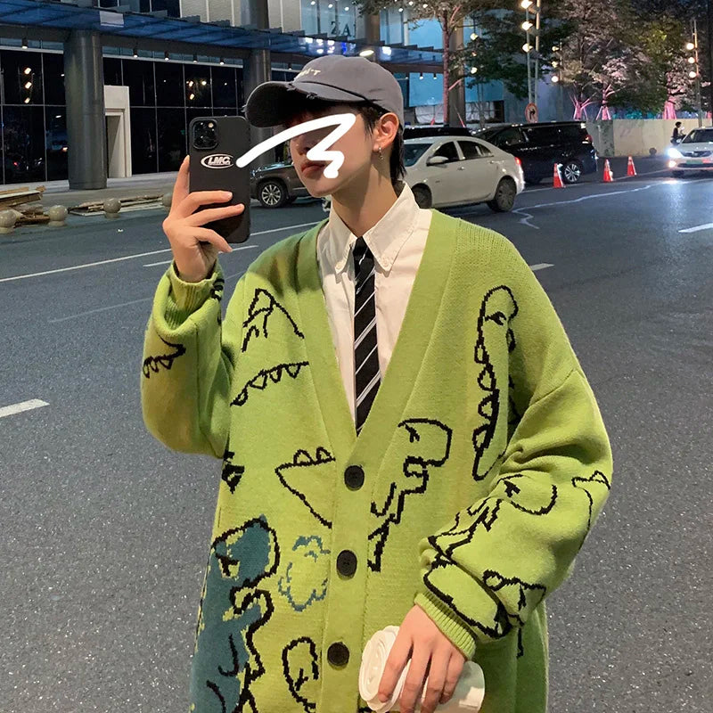 Abfer Autumn Oversize Cardigan Men Knitted Dinosaur Sweater Streetwear Loose Male Women Coat 2021 Doodle Hip Hop Pattern Winter