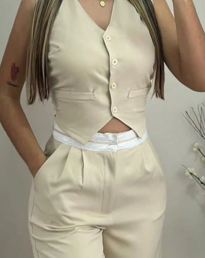 Women's Two Piece Elegant Commuting V-Neck Buttoned Vest Top and Contrast Paneled High Waist Pocket Design Wide Leg Pants Set