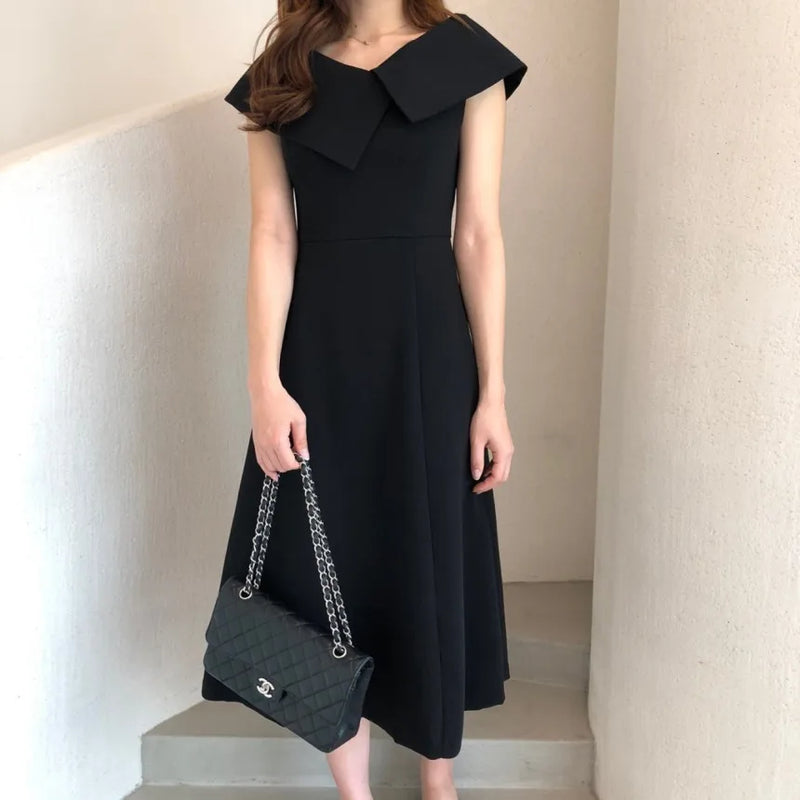 Summer Pullover Midi Dress Women Elegant Fashion Ruffle Pleated Ladies Dresses Patchwork Irregular Collar Korean Woman Dress