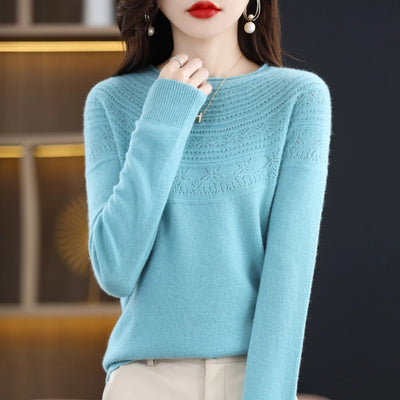 100% Merino Wool Seamless Cashmere Sweater Women's O-Neck Hoodie Autumn/Winter New Knitted Sexy Hollow Wool Sweater NJR1107