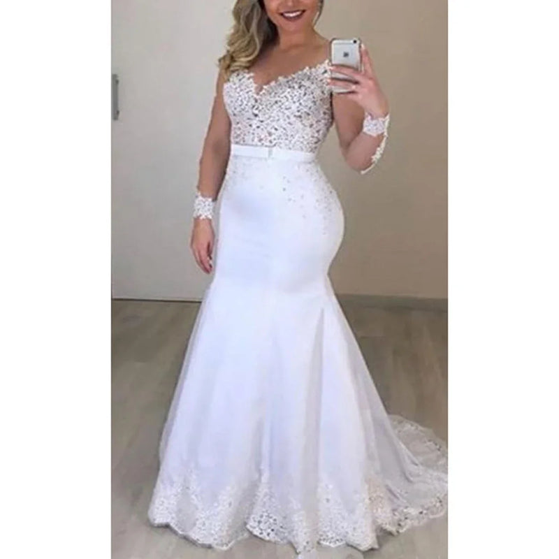 Elegant O-Neck Mermaid Wedding Dresses with Lace Appliques and Long Sleeves Customized