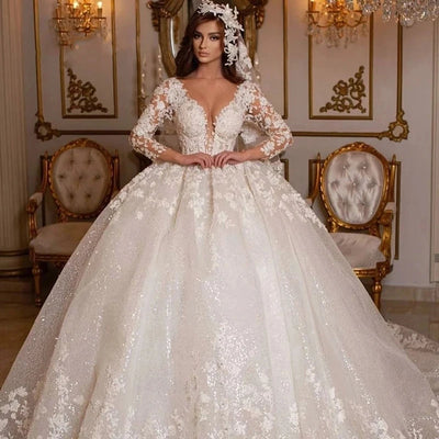 Vintage Wedding Dresses Princess Ball Gowns Beading Bridal  Shinny Tulle Long Sleeves Elegant Luxury Marriage Dress Customized