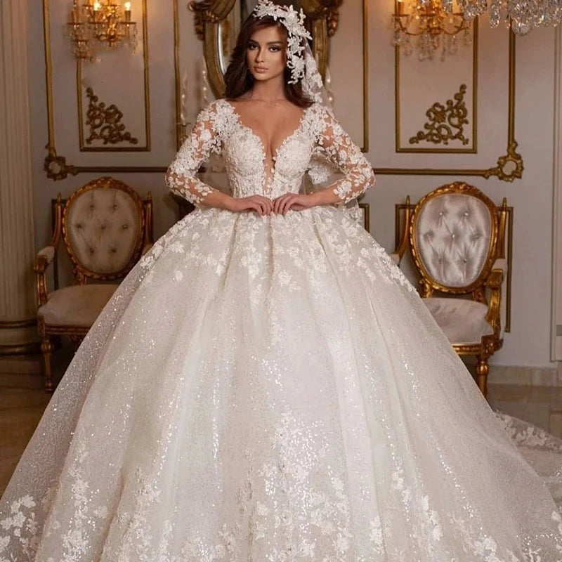 Vintage Wedding Dresses Princess Ball Gowns Beading Bridal  Shinny Tulle Long Sleeves Elegant Luxury Marriage Dress Customized