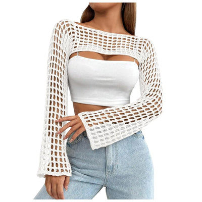 European Women'S Knitted Sweater Korean Fall Sexy Cutout See Through Y2k Knitwear Autumn Long Sleeve Ultra Short Casual Pullover