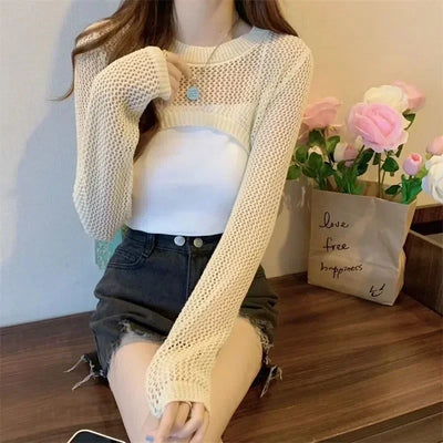 Women Y2k Crochet Knit Hollow Out Crop Top Long Flared Sleeve Shrug Sweater Mesh Cover Ups Cardigan Streetwear