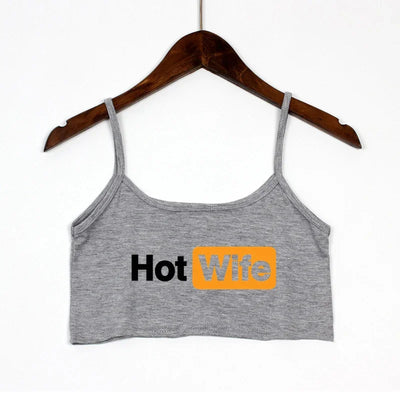 Fashion Women's Sexy Elastic Cotton Camis HOT WIFE Letters Print Female Sexy Crop Top Sleeveless Short Girls Tank Top Bar Women