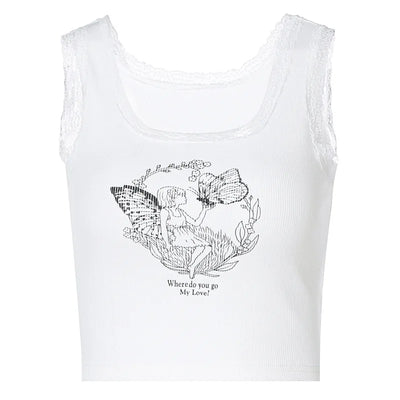 Cartoon Printed Lace Trim White Crop Top Fairy Grunge Summer Clothes for Women Cute Slim Fit Ribbed Tank Tops