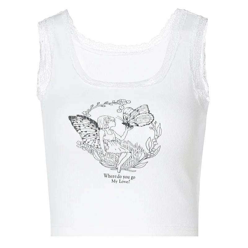 Cartoon Printed Lace Trim White Crop Top Fairy Grunge Summer Clothes for Women Cute Slim Fit Ribbed Tank Tops