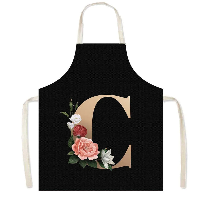 26 Initials Flower Print Kitchen Apron A-Z Letter Women Cooking Aprons BBQ Chef Waiter Home Baking Cleaning Tool Pinafore