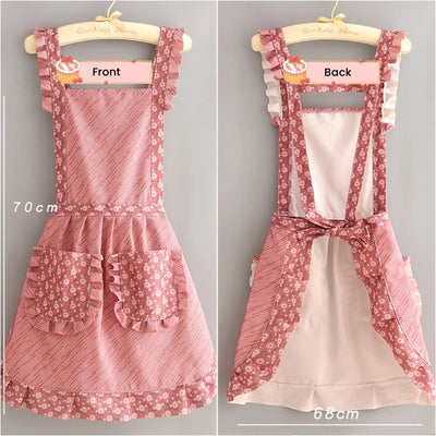 Cute Japanese Floral Canvas Apron Fashion Breathable Maid Dress with Waistband Home Kitchen Cooking Restaurant Women Workwear