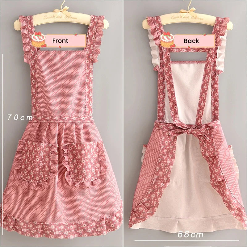 Cute Japanese Floral Canvas Apron Fashion Breathable Maid Dress with Waistband Home Kitchen Cooking Restaurant Women Workwear