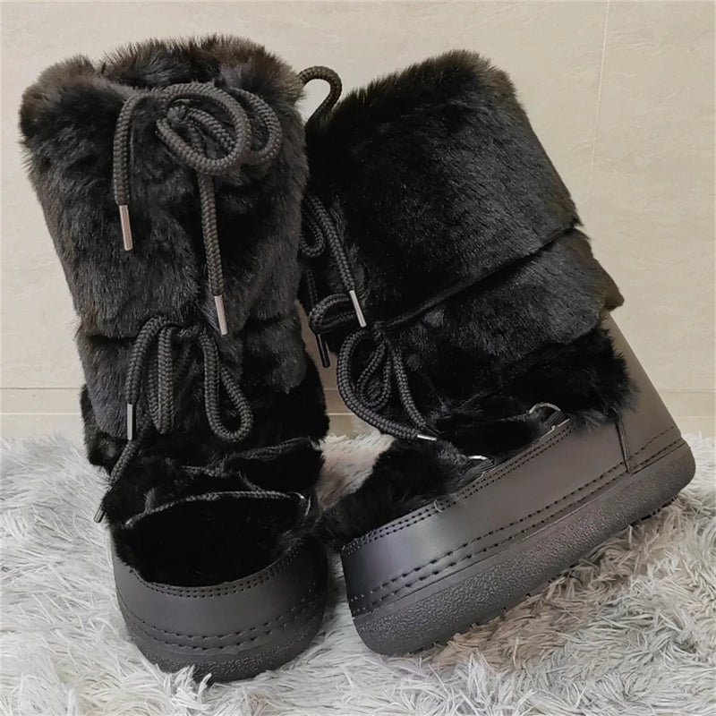 Faux Fur Boots for Women Warm Comfortable Woman Ski Boots 2024 Winter Middle Claf Lace-up Waterproof Platform Snow Boots Black