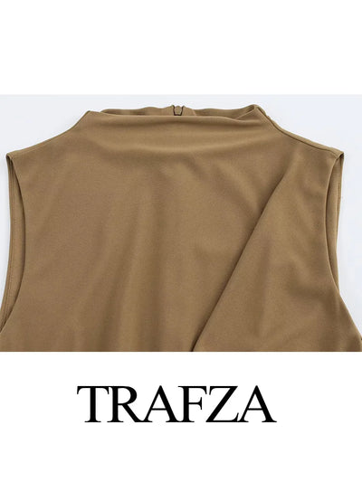 TRAFZA 2025 Spring Women Fashion Midi Dresses Split Hem Sleeveless Fold Decorated Dress O-Neck Solid Back Zipper Retro Dresses