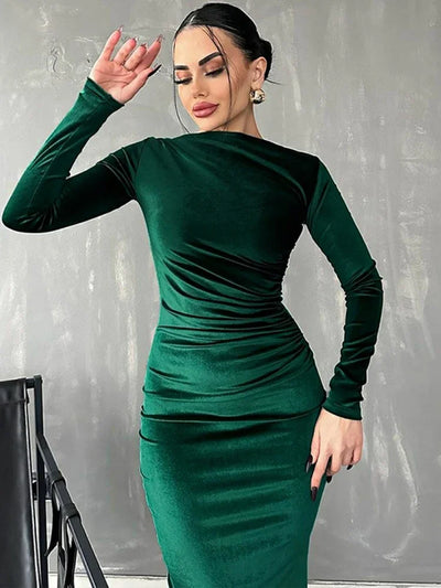 BWQ 2024 Spring Summer Velvet Long Sleeve Midi Dress For Women Ruched Long Dress Elegant Party Clothes Evening Green Outfits