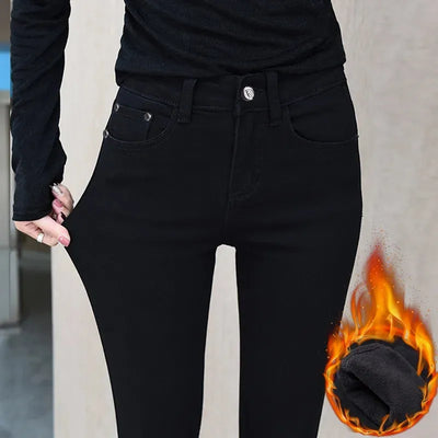 White Add Velvet Thicken Women Jeans Autumn Winter Korean Version Of Tight Pencil Pants High Waist Keep Warm Black Feet Pants