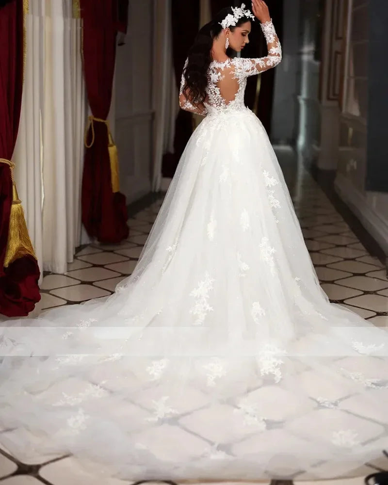 Romantic Beading Long Sleeve Mermaid Wedding Dress Gorgeous Appliques Detachable Train Trumpet Bridal Gown Customized