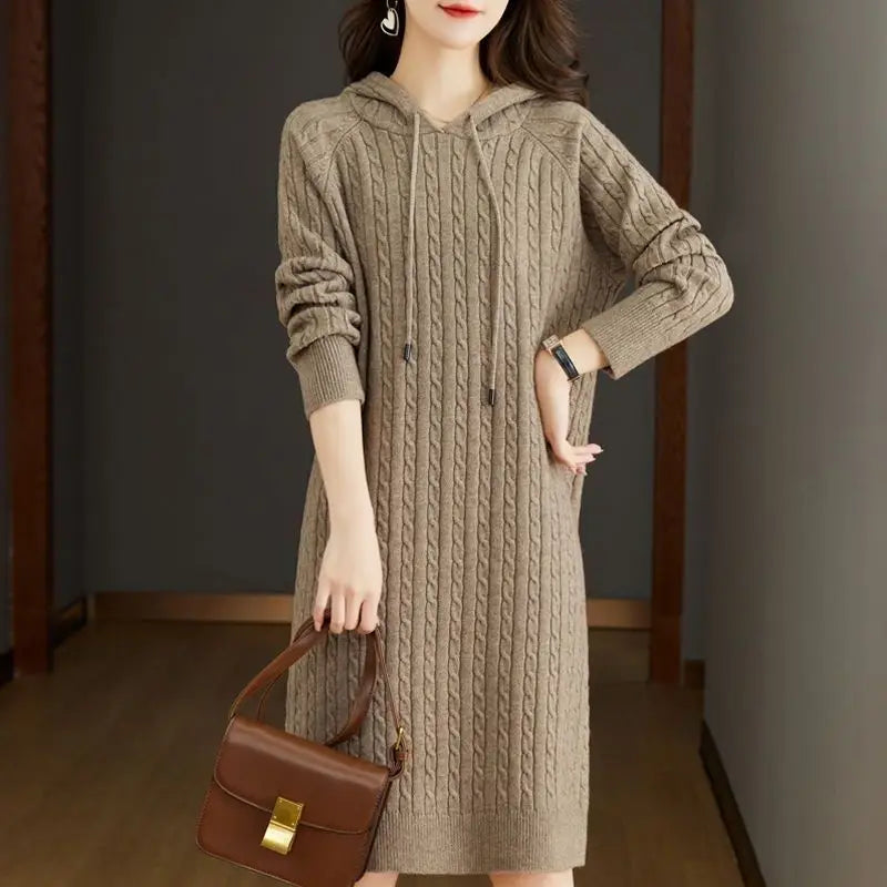 Autumn Winter Women Korean Fashion Simple Twists Hooded Sweater Dresses Elegant Chic Solid Long Sleeve Loose Knitted Midi Dress