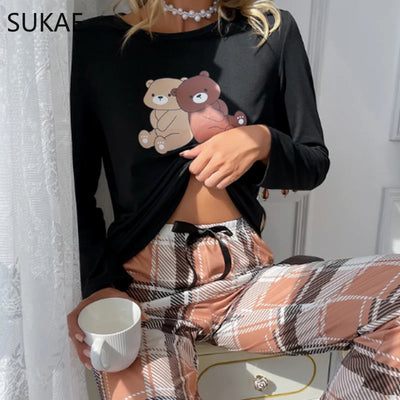 Cute Bear Women Pajamas Set Spring Autumn New Sleepwear Soft Milk Silk Pijama for Girl Long Sleeves Nightwear Leisure Loungewear