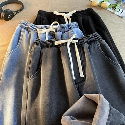 Retro Korean Jeans Men and Women Fall and Winter Models Padded and Thickened Loose Straight Wide-leg Casual Pants