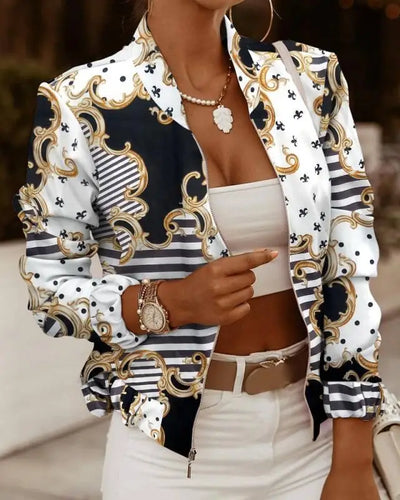 Women Autumn Retro Floral Print Jackets Spring Summer Long Sleeve Zipper Print Jacket Casual Pocket Slim Female Bomber Outwears