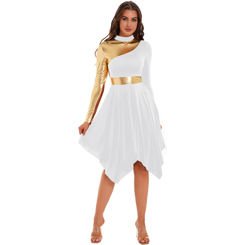 Women Worship Modern Lyrical Dance Costume Long Sleeve Asymmetrical Liturgical Dancewear Celebration Spirit Choir Ballroom Dress