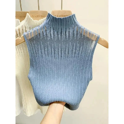 Hollow Out Gauze Tank Top Turtleneck Elegant Sleeveless Design Slim Camis Knitting Solid Chic Corset Women's Tube Top