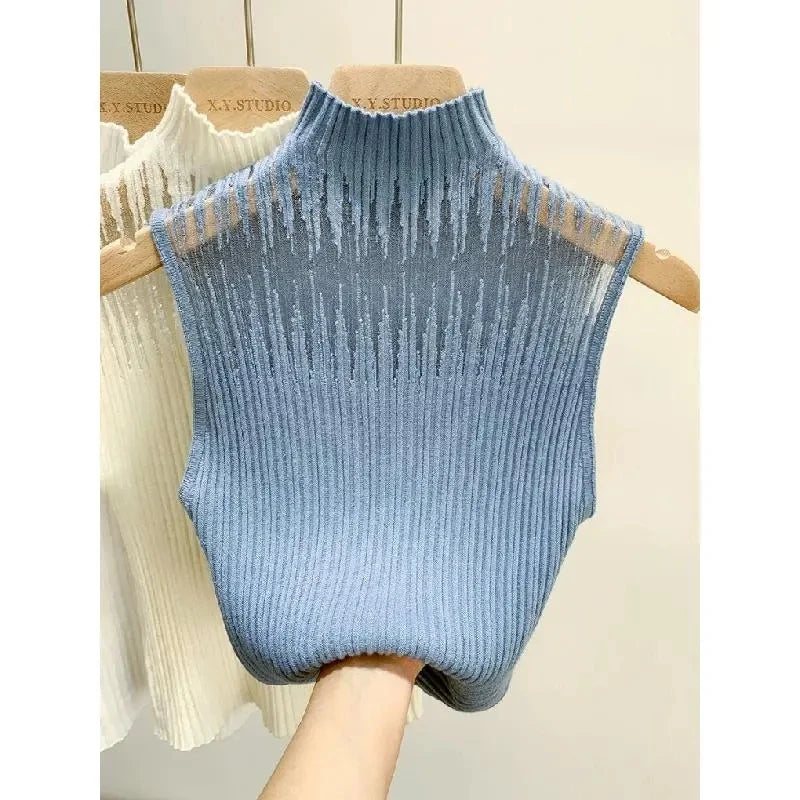 Hollow Out Gauze Tank Top Turtleneck Elegant Sleeveless Design Slim Camis Knitting Solid Chic Corset Women&