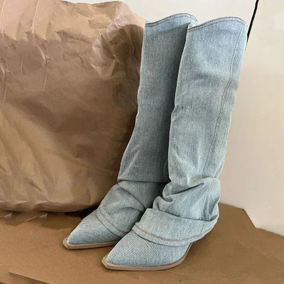 Women Pleats Blue Denim Thigh High Boots Autumn New Thick Heeled Pointed Toe Cowboy Boots Woman Slip On Western Long Boots