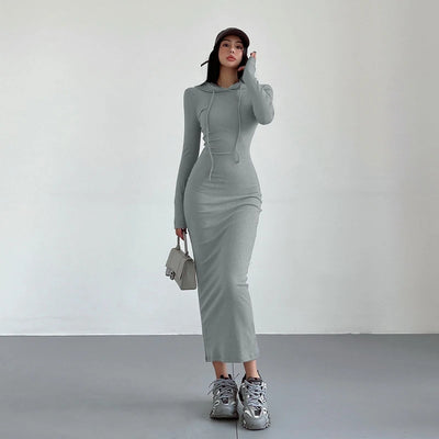 Hooded Midi Dress Women Solid Ins Casual Wrapped Streetwear Vintage Dresses