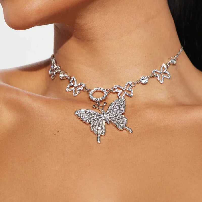 Large Butterfly Pendant Necklace Rhinestone Jewelry Hollow Round Butterfly Chain Choker