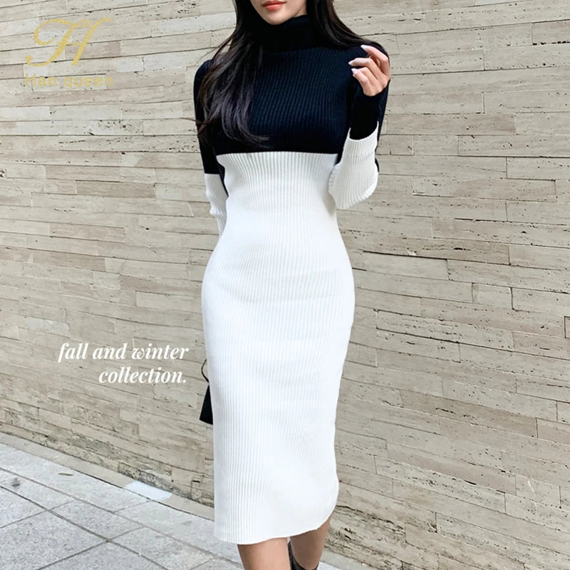 H Han Queen New Winter Turtleneck Women Dress Knitted Sheath Dresses Woman Elegant Slim Colorblock Mid Sweater Pencil Vestidos