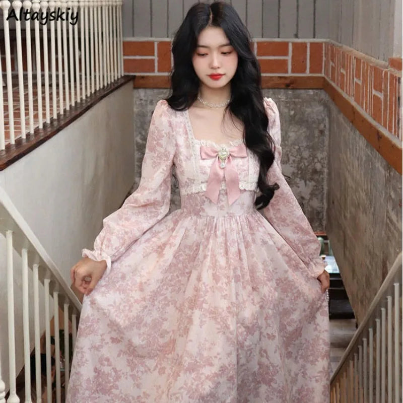 Long Sleeve Midi Dress Women Sweet Princess Girls Floral Print Flattering Waist Bow Square Collar Spring Design Elegant Temper