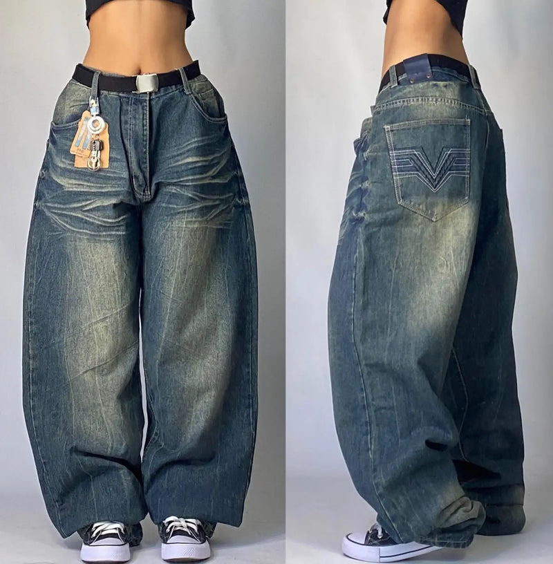 Y2K Harajuku New Punk Feng Shui Washing Old Baggy Jeans Female Streetwear Dance Popular Casual Joker High Waist Wide Leg Pants