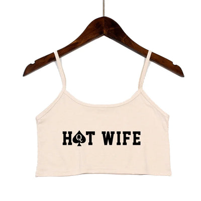 Fashion Women's Sexy Elastic Cotton Camis HOT WIFE Letters Print Female Sexy Crop Top Sleeveless Short Girls Tank Top Bar Women