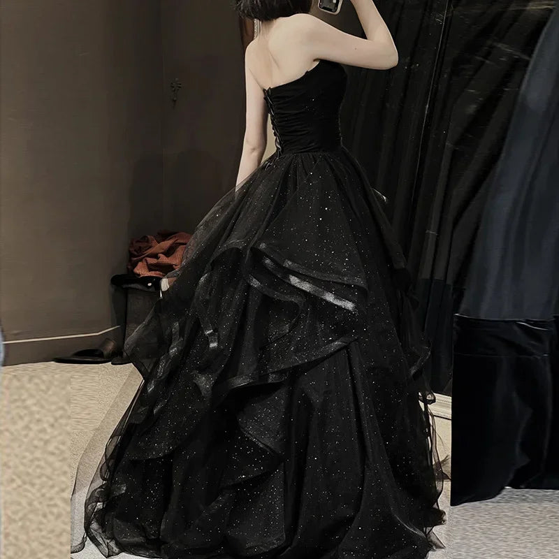 Customized Temperament Black Elegant Wedding Party Dresses Strapless Tiered Draped Prom Robe 2025 New Ball Gown Formal Dress Wom