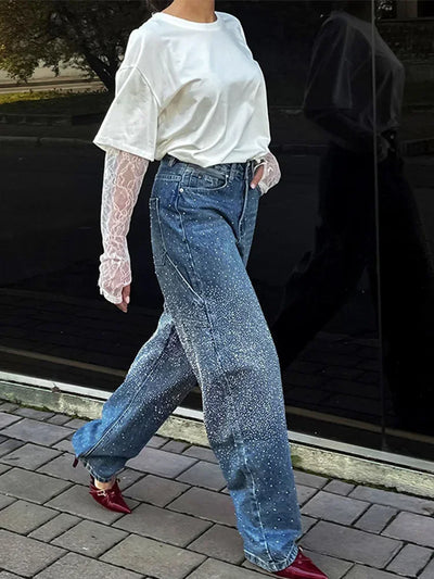 Gradient Blue Women Jeans With Rhinestone Casual High Wait Wide Legs Pockets Denim Pant 2025 Spring Chic Street Trousers Lady