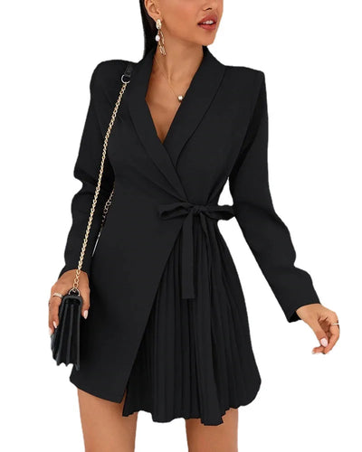 New Autumn Winter Women's Blazer Dress Solid Color Fashionable V-neck Long-sleeved High-waisted Lace Up Pleated Hem Mini Dress
