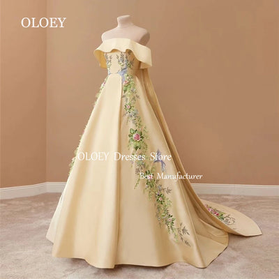 OLOEY Modest Yellow A Line Evening Dress Pleats Satin Off Shoulder Wedding Party Dress Custom Made Arabic Women Prom Gown