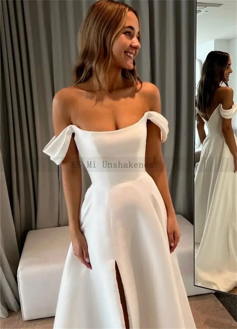 Simple Civil Wedding Dresses Off the Shoulder Sleeveless Side Split Summer Beach Bride Dress Satin Minimalist Wedding Gowns 2024