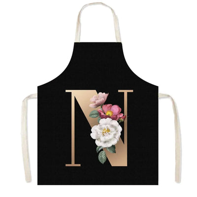 26 Initials Flower Print Kitchen Apron A-Z Letter Women Cooking Aprons BBQ Chef Waiter Home Baking Cleaning Tool Pinafore