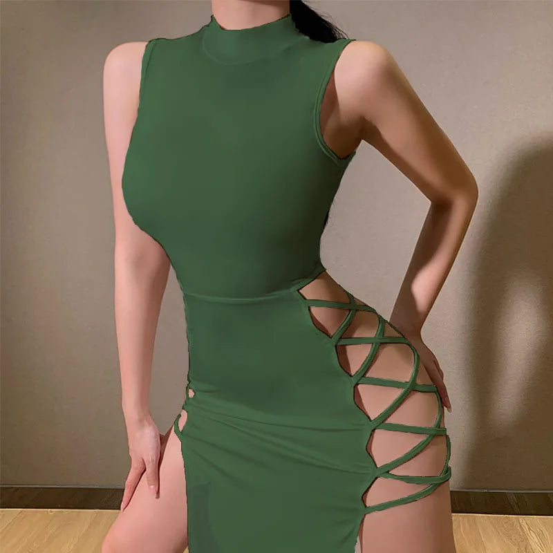 Womens Long Dress Mock Neck Sleeveless Sexy Black Bandage Women Fashion Slim Dress 2025 Summer Women&
