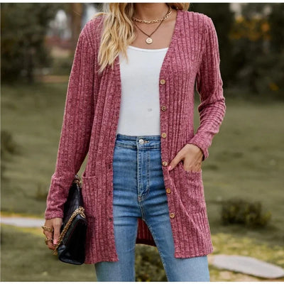 Autumn New Women's Milled Pit Stripe V-Neck Solid Colour Button Long Sleeve Ladies Casual Extensions Cardigan Jacket Coat