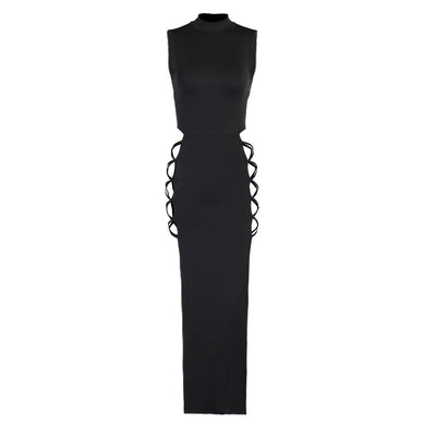Womens Long Dress Mock Neck Sleeveless Sexy Black Bandage Women Fashion Slim Dress 2025 Summer Women's Evening Party Club Robe