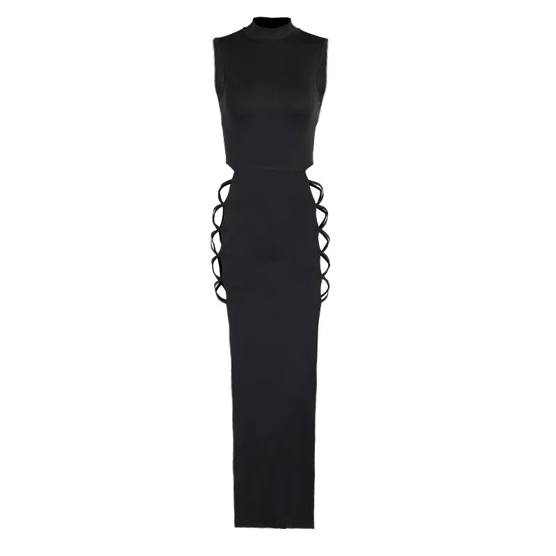 Womens Long Dress Mock Neck Sleeveless Sexy Black Bandage Women Fashion Slim Dress 2025 Summer Women&