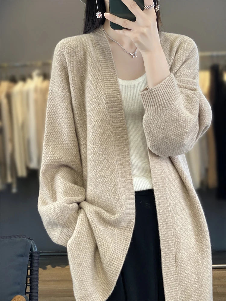 ADDONEE Women Long Cardigan Autumn Winter Cashmere Sweater Casual Loose Style Coat 100% Merino Wool Knitwear Korean Fashion Tops