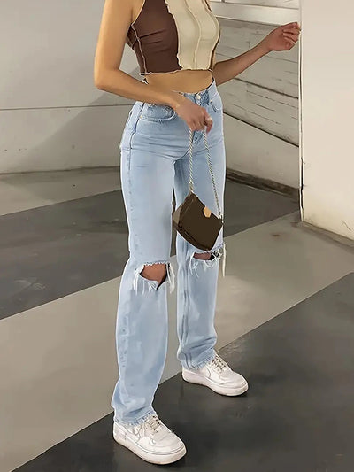Women's Knee-Slit Relaxed Jeans – Loose Straight Leg with Stretchy Comfort